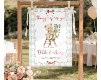 Letrero de bienvenida personalizado para baby shower con osito de peluche del bosque, póster de entrada "La niña de nuestros ojos", decoración de animales del bosque a cuadros verdes F22