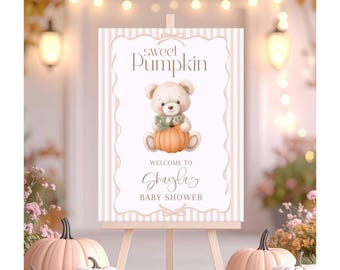 Cartel de bienvenida personalizado para baby shower con diseño de osito de peluche y calabaza, letrero de entrada para parejas, decoración de guardería con temática otoñal a rayas naranjas, póster impreso.