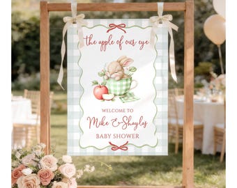 Letrero de bienvenida para baby shower con conejito del bosque y cuadros verdes, cartel impreso Harvest Orchard, póster de entrada "La niña de nuestros ojos", letrero personalizado F19