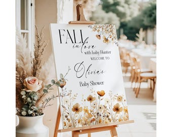 Letrero personalizado de bienvenida "Enamórate del bebé", tablero de entrada con decoración floral otoñal, baby shower de otoño, tema bohemio de flores silvestres, tablero de espuma F5