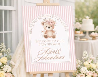 Custom Couple's Pink Girl Teddy Bear Baby Shower Welcome Sign, Custom Entrance Floral Striped Decor Our Little Princess is on her Way #85