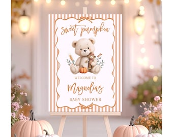 Letrero de bienvenida personalizado para baby shower con temática de calabaza otoñal, oso de peluche y espantapájaros, póster de entrada con temática otoñal a rayas naranjas F36