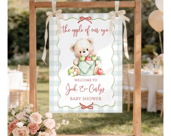 Letrero de bienvenida personalizado para baby shower con osito de peluche otoñal, póster de entrada para bebé "La niña de nuestros ojos", tablero estampado bohemio otoñal, decoración a cuadros F11