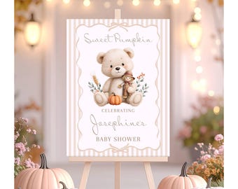 Letrero de bienvenida personalizado para baby shower con osito de peluche y espantapájaros con diseño de calabaza dulce, cartel de entrada con temática otoñal a rayas naranjas, póster impreso, F28