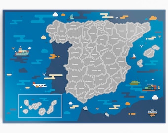 Carte de voyage à gratter de l'Espagne / Version bleue