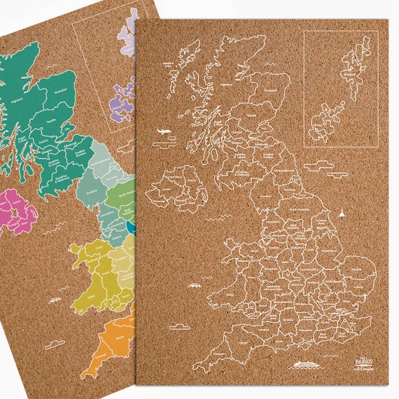Cork Travel Map of United Kingdom / Available in 3 different options