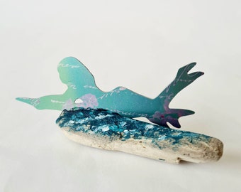 Female Surfer on Driftwood, Anodised Aluminium and Painted Water