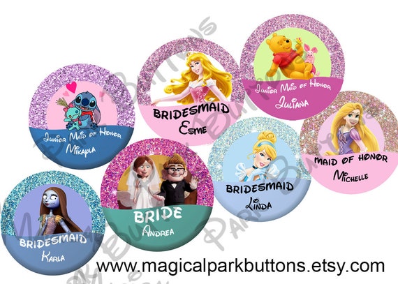 Disney Character Wedding Party Buttons Princess Wedding Etsy