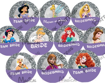 Personalized Disney Bridal Buttons- Custom Disney Buttons-Princess Bridesmaid Buttons-Custom Bridesmaid Pins