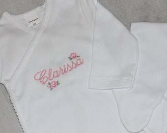 Personalised Embroidery Floral/Flower Baby's First Outfit, Bodysuit Vest and Trouser/Footies, Baby Gift, Baby Shower