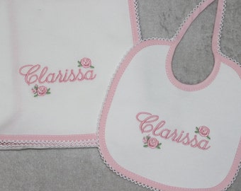 Personalised Embroidered Flower/Floral Baby Bib and Muslin, Baby Shower Gift, Baby Essentials