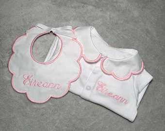 Personalised Baby Collared Outfit and Bib Set | Embroidered Name Sleepsuit | Newborn Baby Gift | Custom Baby Clothing | Baby Shower Present