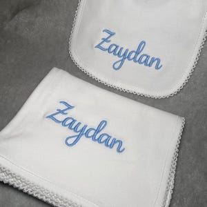 Personalised Embroidered Baby Bib and Muslin Set: Crochet Trim Border