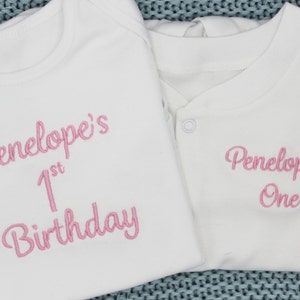Personalised Embroidered Baby Girl, Baby Boy 1st First Birthday Bodysuit Vest and Sleepsuit Set, Photoshoot Costume, Cake Smash Outfit
