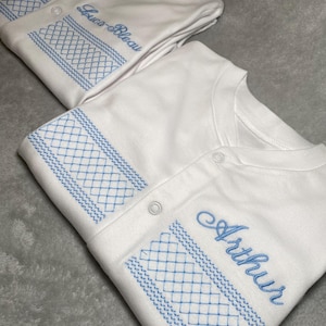 Personalised Embroidered Faux Smocking Sleepsuit, Baby Gift, Baby Shower Gift, Newborn Baby Gift