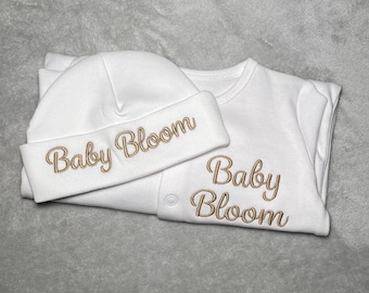 Personalised Monogrammed Embroidered Baby Gift Set, Baby Set, Baby Shower Gift, Newborn Baby Gift, Sleepsuit, Beanie Hat