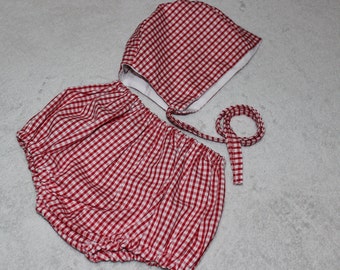 Baby Bloomers and Bonnet, Gingham/checkered fabric