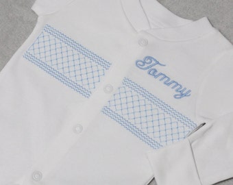 Personalised Embroidered Faux Smocking Sleepsuit, Baby Gift, Baby Shower Gift, Newborn Baby Gift