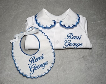Personalised Baby Collared Outfit and Bib Set | Embroidered Name Sleepsuit | Newborn Baby Gift | Custom Baby Clothing | Baby Shower Present