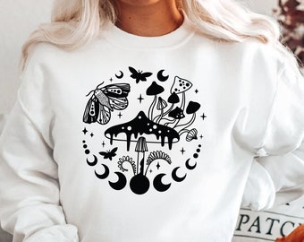 Moon Phase and Mushroom Sweatshirt, Celestial Gift, Butterfly Moon Phase Sweatshirt, Magic Mushroom Moon Phase Butterfly Unisex Jumper