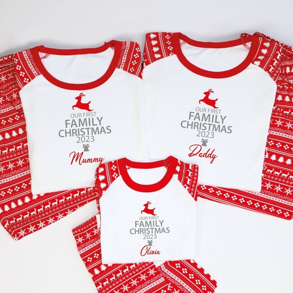 Personalised Our First Family Christmas Matching Pyjamas, Family Christmas Gift, Red Family Christmas Pajamas, Baby's First Christmas PJs