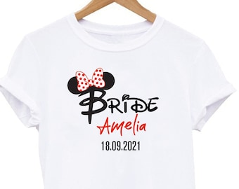 Personalised Disney Bride and Squad T-Shirts, Minnie Mouse Bride To Be and Bridesmaids Hen Party Shirts, Bridal Shower Gift, Disney Hen Do