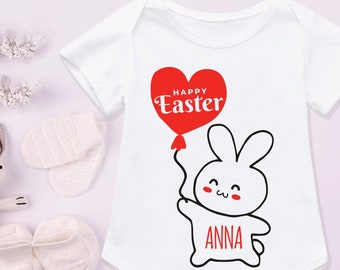 Camiseta personalizada de Happy Easter Kids o traje de cuerpo de bebé Traje Romper Outfit, Bunny Heart Balloon Shirt, Nombre personalizado Kids Tee Baby Vest