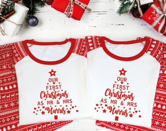 Personalised Couple Christmas Pyjamas, First Christmas As Mr And Mrs Couple Pyjamas, Our First Christmas Matching Pyjamas, His and Hers PJs