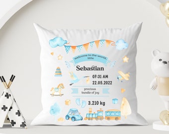 Personalised Baby Birth Stats Cushion Keepsake, Birth Stats Nursery Pillow, Baby Boy Gift, New Baby Cushion, Personalised Baby Gift