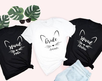 Personalised Cat Bride Squad Hen Party T-shirts, Bridal Party Cat Bridesmaid Shirts, Cat Hen Do Bachelorette Party Shirts, Getting meowied