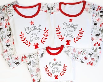 Personalised Family Christmas Matching Pyjamas, Christmas With PJs For Daddy Mummy Baby Kids, Grey Red Reindeer Siblings Pyjamas Set Gift