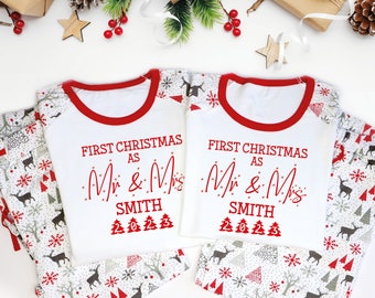 First Christmas as Mr and Mrs Personalised Christmas Pyjamas for Newlywed Couples, Mr and Mrs Christmas PJs, 1st Christmas as Hubby and Wife