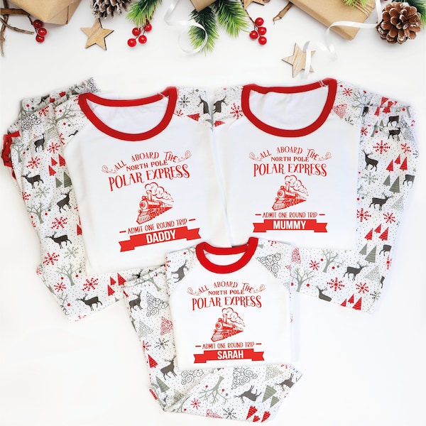 Polar Express Matching Family Christmas Pyjamas, Personalised Matching Family Christmas Pajamas, Polar Express Pyjamas, Name Christmas PJs