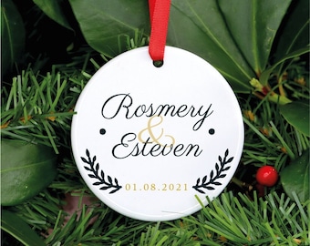 Personalized Engagement Wedding Ornament Decoration For Couples, Anniversary Gift, Special Date Keepsake, Ceramic Wedding Memento Gift