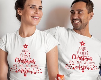 Personalised Our First Christmas as Mr and Mrs T-shirts, Matching Christmas Shirts For Husband & Wife, Xmas Wedding Gift for Couples