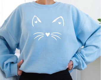 Cat Jumper, Cat Ears Whiskers Heart Sweater, Cat Lover Gift, Cat Mum Sweatshirt, Cat Lover Crewneck, Cat Owner Gift, Pullover with cat motif