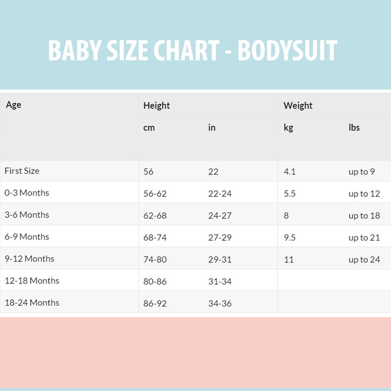 May include: A baby size chart for bodysuits, with age ranges, height in centimeters and inches, and weight in kilograms and pounds. The chart includes sizes from "First Size" to 18-24 months, with corresponding measurements.