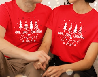 Our First Christmas Engaged 2023 Tshirts, Engaged Couple Matching Christmas Shirts, Engaged Couple Jumper, Christmas Engagement Announcement