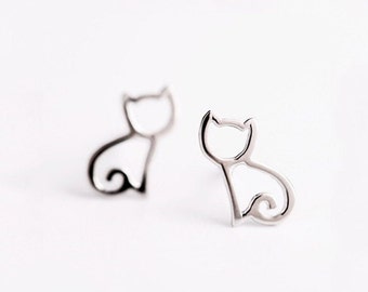 Cat Stud Earrings, 925 Sterling Silver Cat Earrings, Animal Design, Tiny Cute Earrings, Cat Lover Gift, Dainty Cat Earrings, Cat Themed Gift