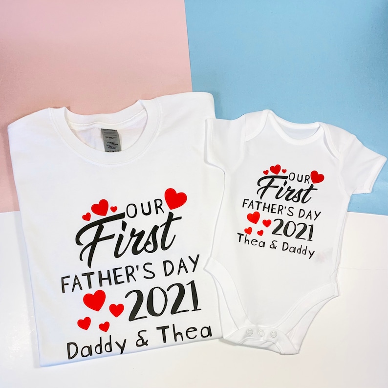 Personalised Our First Father's Day 2023 Daddy and Baby Matching T-shirt Baby Vest Set, 1st Father's Day Matching Outfit, 1st Time Dad Gift