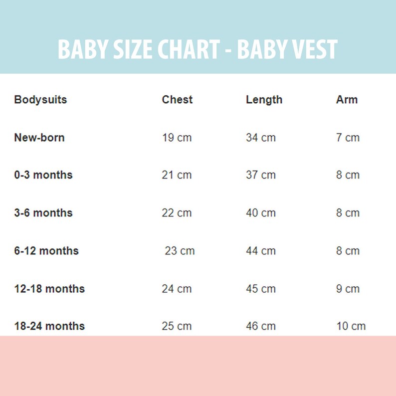 Puede incluir: Una tabla de tallas de chalecos para beb&eacute;s, con medidas en cent&iacute;metros. La tabla incluye tallas para reci&eacute;n nacidos hasta 18-24 meses, detallando medidas de pecho, largo y brazo. Texto blanco sobre fondo azul claro y rosa.