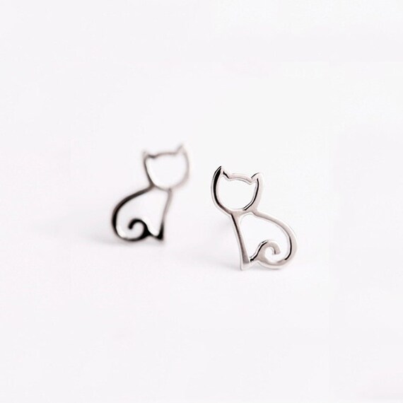 Silver Cat Earrings Cat Lover Gift Personalised Dainty Cat Stud