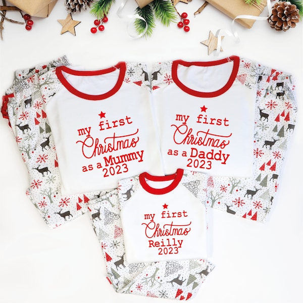 Personalised Our First Family Christmas Pyjamas, First Christmas as Mummy and Daddy PJs, Baby’s 1st Christmas, Mommy daddy Christmas Pajamas