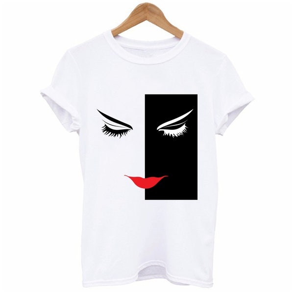 Stylish Women T-shirt| Face Sketch Red Lips |Boho Motif|Lovely Gift For Her|Best Friends Present|Birthday Gift Top For Woman, Wife, Fiancee