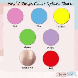 以下が含まれることがあります： 上部に「Vinyl / Design Colour Options Chart」というテキストが入ったカラーチャート。ピンク、ブルー、イエロー、グリーン、パープル、ローズゴールド、レッドの7つの円形のカラーサンプルが表示されています。下部にはLuss Wonderlandのロゴがあります。