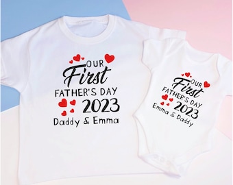 パーソナライズされた初めての父の日 2023 パパと赤ちゃんのお揃いのTシャツ ベビーベストセット、初めての父の日のお揃いの服、初めてのお父さんへのギフト