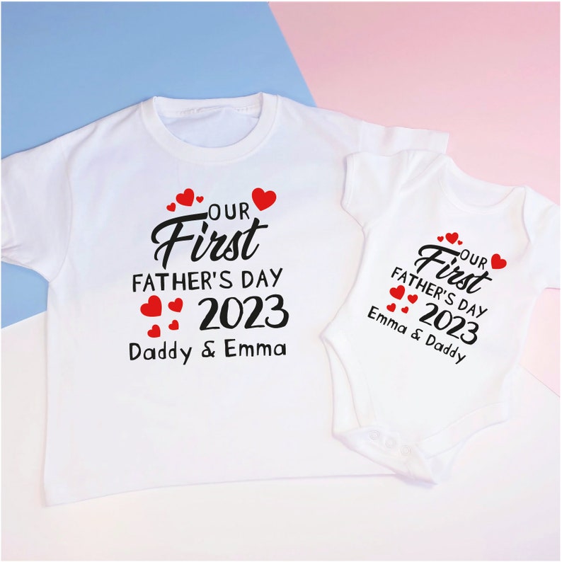 Personalised Our First Father's Day 2023 Daddy and Baby Matching T-shirt Baby Vest Set, 1st Father's Day Matching Outfit, 1st Time Dad Gift