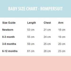 Puede incluir: Una tabla de tallas de beb&eacute; para peleles. La tabla incluye gu&iacute;a de tallas, medidas de largo, pecho y brazo en cent&iacute;metros para reci&eacute;n nacidos, 0-3 meses, 3-6 meses y 6-12 meses. El texto "BABY SIZE CHART - ROMPERSUIT" est&aacute; en la parte superior.