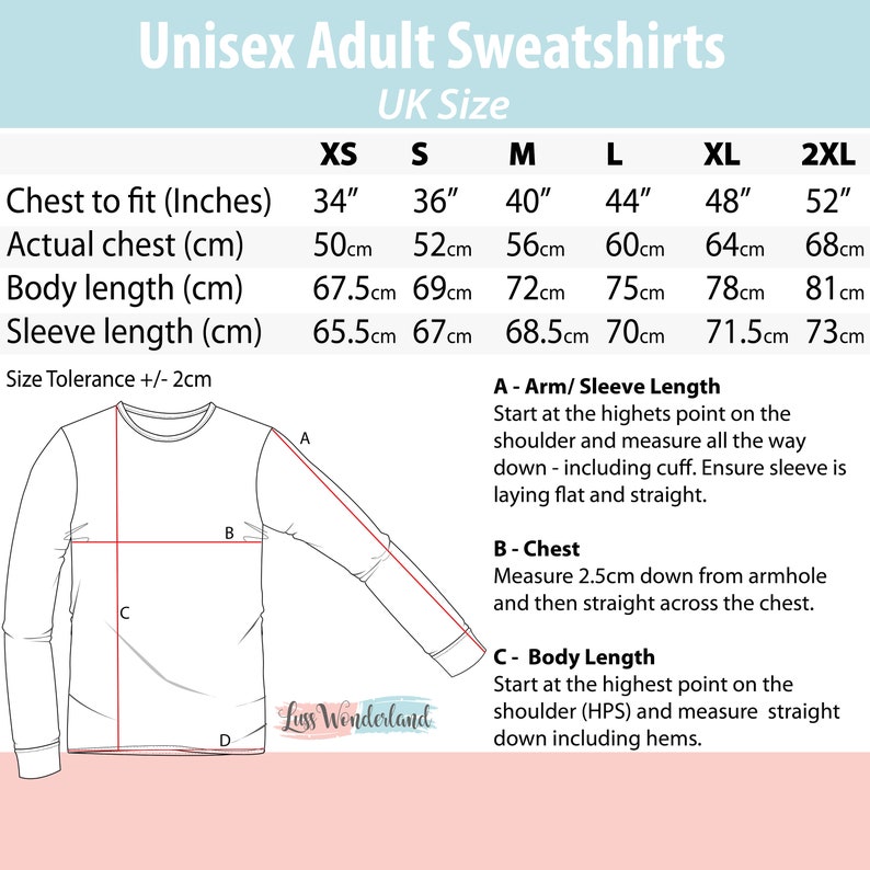 Puede incluir: Una sudadera blanca de manga larga con una tabla de tallas para sudaderas unisex para adultos. La tabla incluye medidas de pecho, cuerpo y manga en cent&iacute;metros para las tallas XS a 2XL. El texto de la imagen dice "Luss Wonderland".