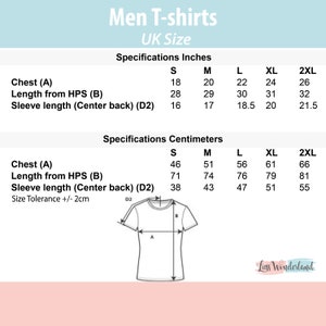 May include: A white graphic showing t-shirt size specifications in inches and centimeters. The text reads "Men T-shirts" and "UK Size". Measurements are provided for chest, length from HPS, and sleeve length, ranging from S to 2XL.